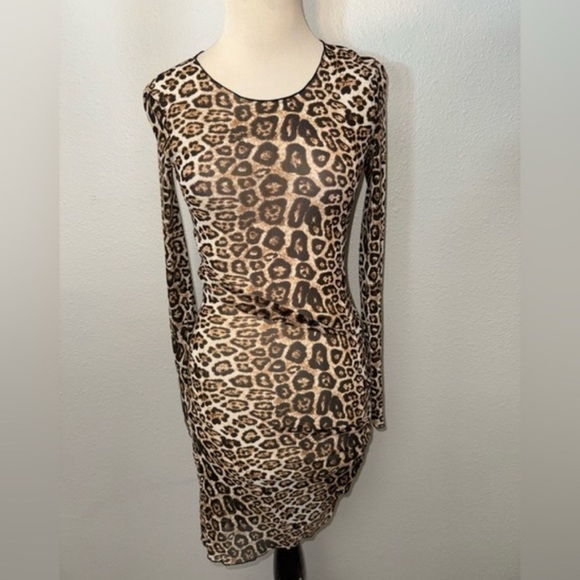 Tiger Mist Aarya Sheer Leopard Print Long Sleeve Body-Con Dress Size S Like New - Picture 2 of 5